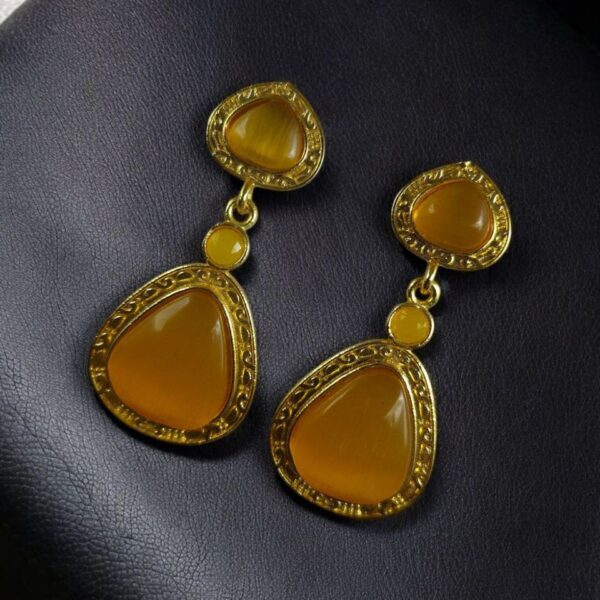 Gold Plated Dangler Earrings with Monalisa Stone ? Unique Designer Jewelry for Women - "Yellow"