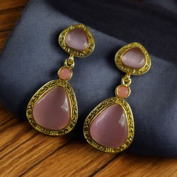 Gold Plated Dangler Earrings with Monalisa Stone ? Unique Designer Jewelry for Women - "Baby Pink"