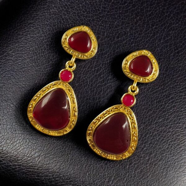 Gold Plated Dangler Earrings with Monalisa Stone ? Unique Designer Jewelry for Women - "Red"