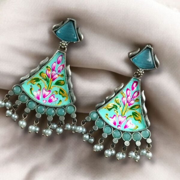 Colorful Hand-Painted Earrings With Monalisa Stone | Best Handcrafted Jewelry - "Aqua-Mint"
