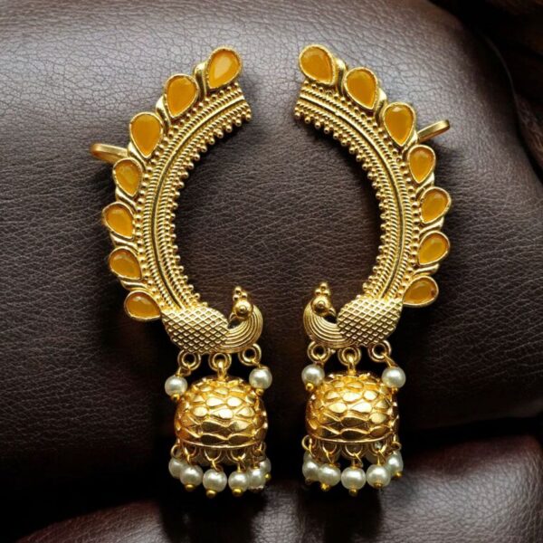 Traditional Gold Plated Beautiful Peacock Jhumki Earcuff | Stone & Pearl Detailing Ethnic Jewelry - "Yellow"