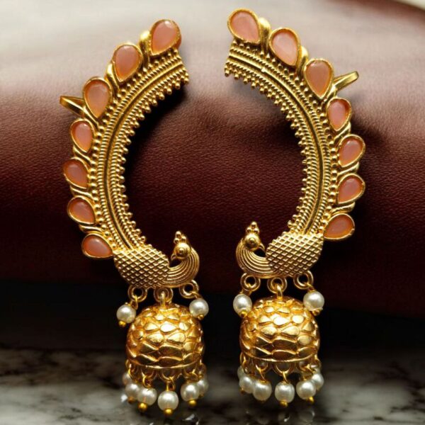 Traditional Gold Plated Beautiful Peacock Jhumki Earcuff | Stone & Pearl Detailing Ethnic Jewelry - "Baby Pink"