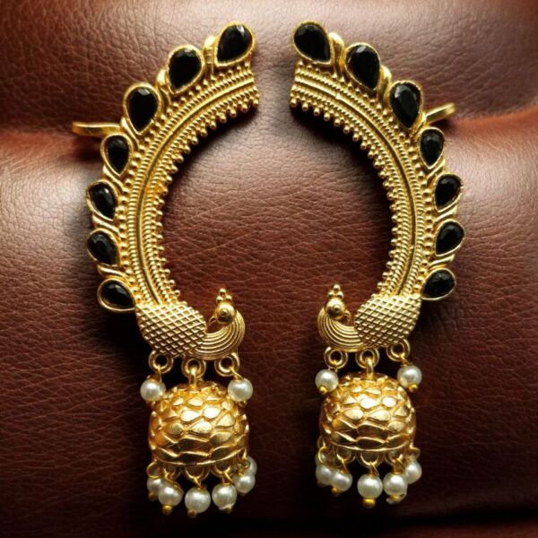 Traditional Gold Plated Beautiful Peacock Jhumki Earcuff | Stone & Pearl Detailing Ethnic Jewelry - "Black"