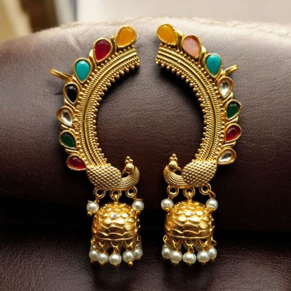 Traditional Gold Plated Beautiful Peacock Jhumki Earcuff | Stone & Pearl Detailing Ethnic Jewelry - "Multi"