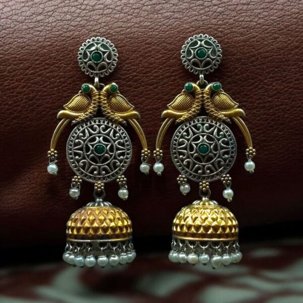 Traditional Two-Tone Parrot Earrings | Unique Dangler Jhumka Style with Stone & Pearl Detailing - "Green"