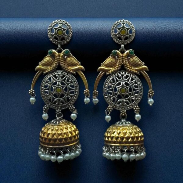 Traditional Two-Tone Parrot Earrings | Unique Dangler Jhumka Style with Stone & Pearl Detailing - "Green-Yellow"