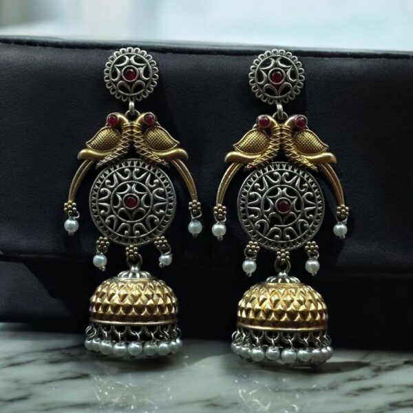Traditional Two-Tone Parrot Earrings | Unique Dangler Jhumka Style with Stone & Pearl Detailing - "Red"
