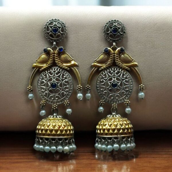 Traditional Two-Tone Parrot Earrings | Unique Dangler Jhumka Style with Stone & Pearl Detailing - "Blue"
