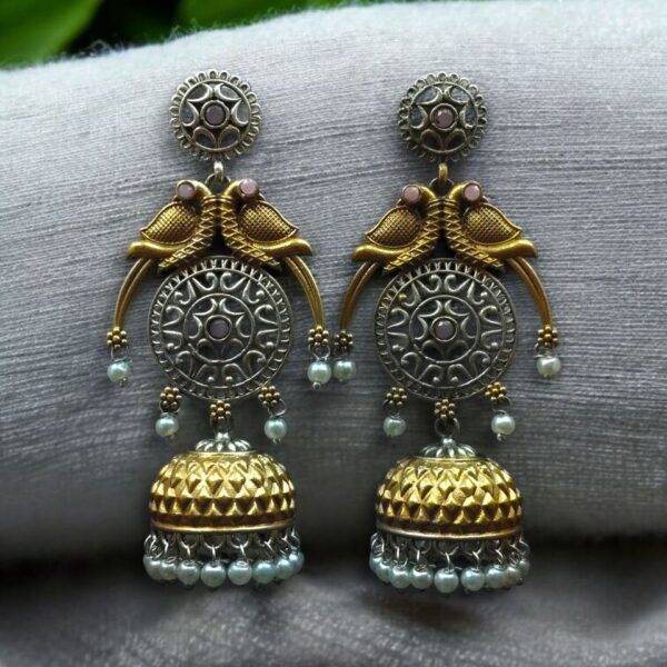 Traditional Two-Tone Parrot Earrings | Unique Dangler Jhumka Style with Stone & Pearl Detailing - "Baby Pink"