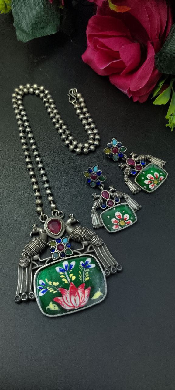 Traditional Best Hand Painted Peacock Necklace Set | Silver Plated Ethnic Jewelry with Stone Work - Image 7