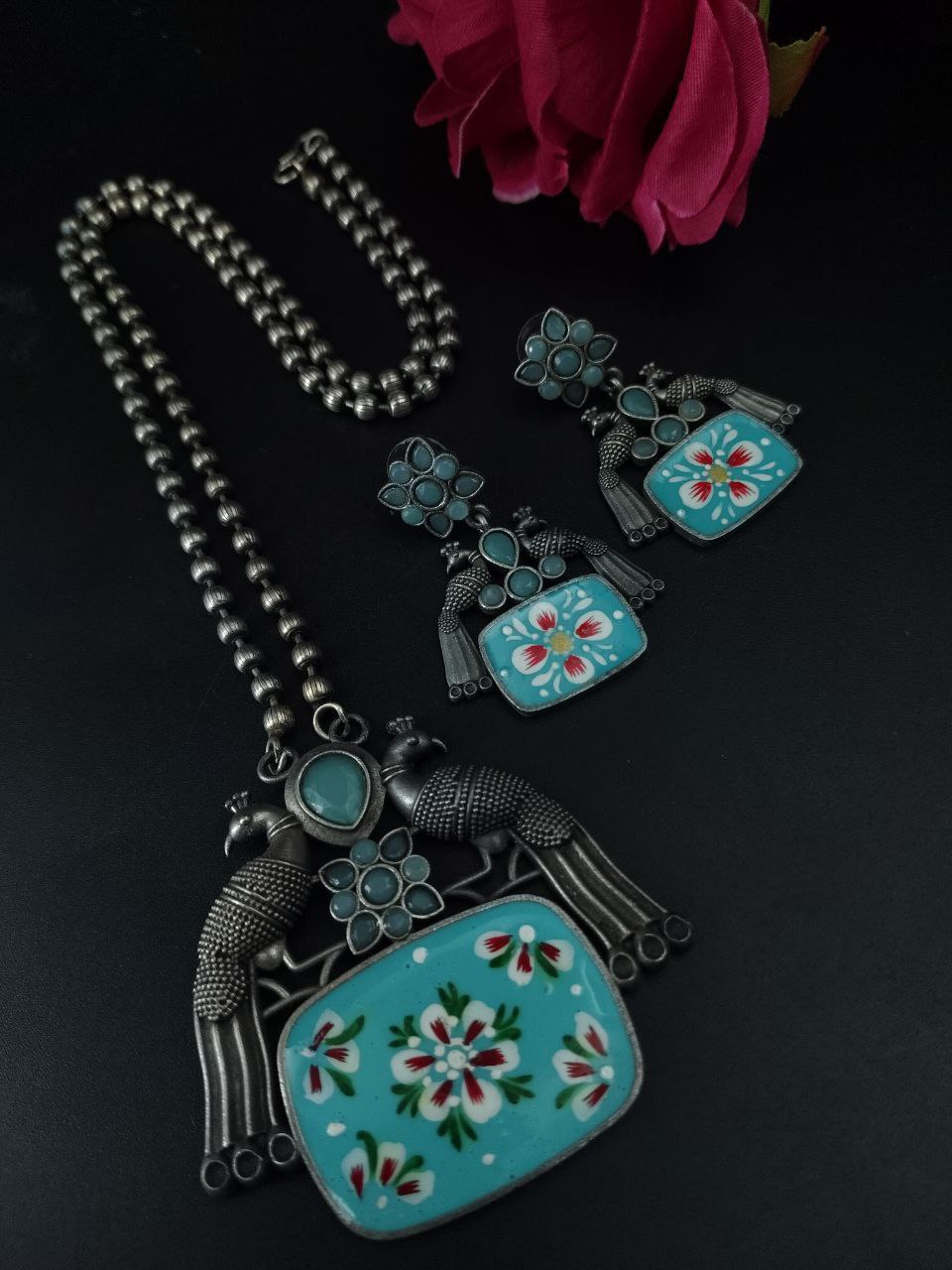Traditional Best Hand Painted Peacock Necklace Set | Silver Plated Ethnic Jewelry with Stone Work - Image 6