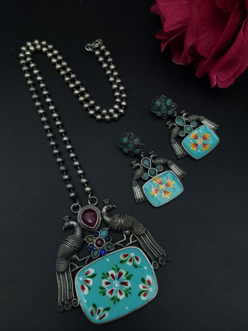 Traditional Best Hand Painted Peacock Necklace Set | Silver Plated Ethnic Jewelry with Stone Work - Image 5