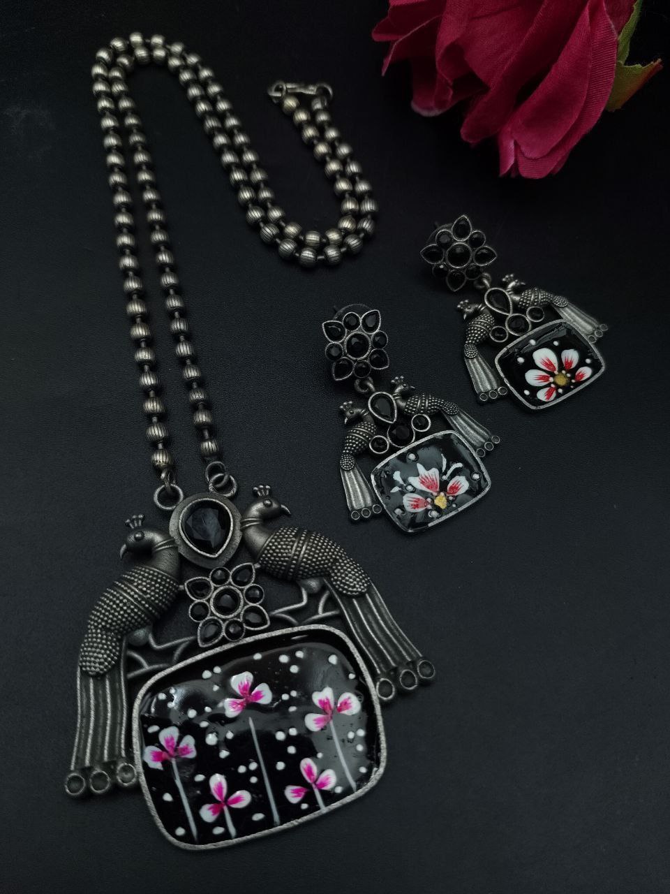 Traditional Best Hand Painted Peacock Necklace Set | Silver Plated Ethnic Jewelry with Stone Work - Image 3