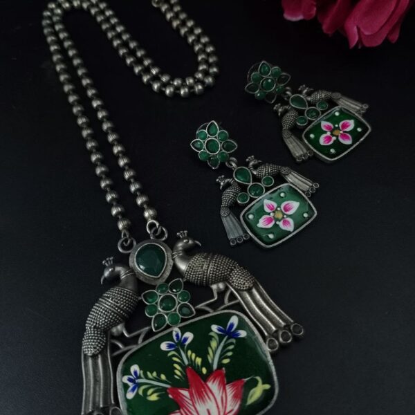 Traditional Best Hand Painted Peacock Necklace Set | Silver Plated Ethnic Jewelry with Stone Work - "Green"