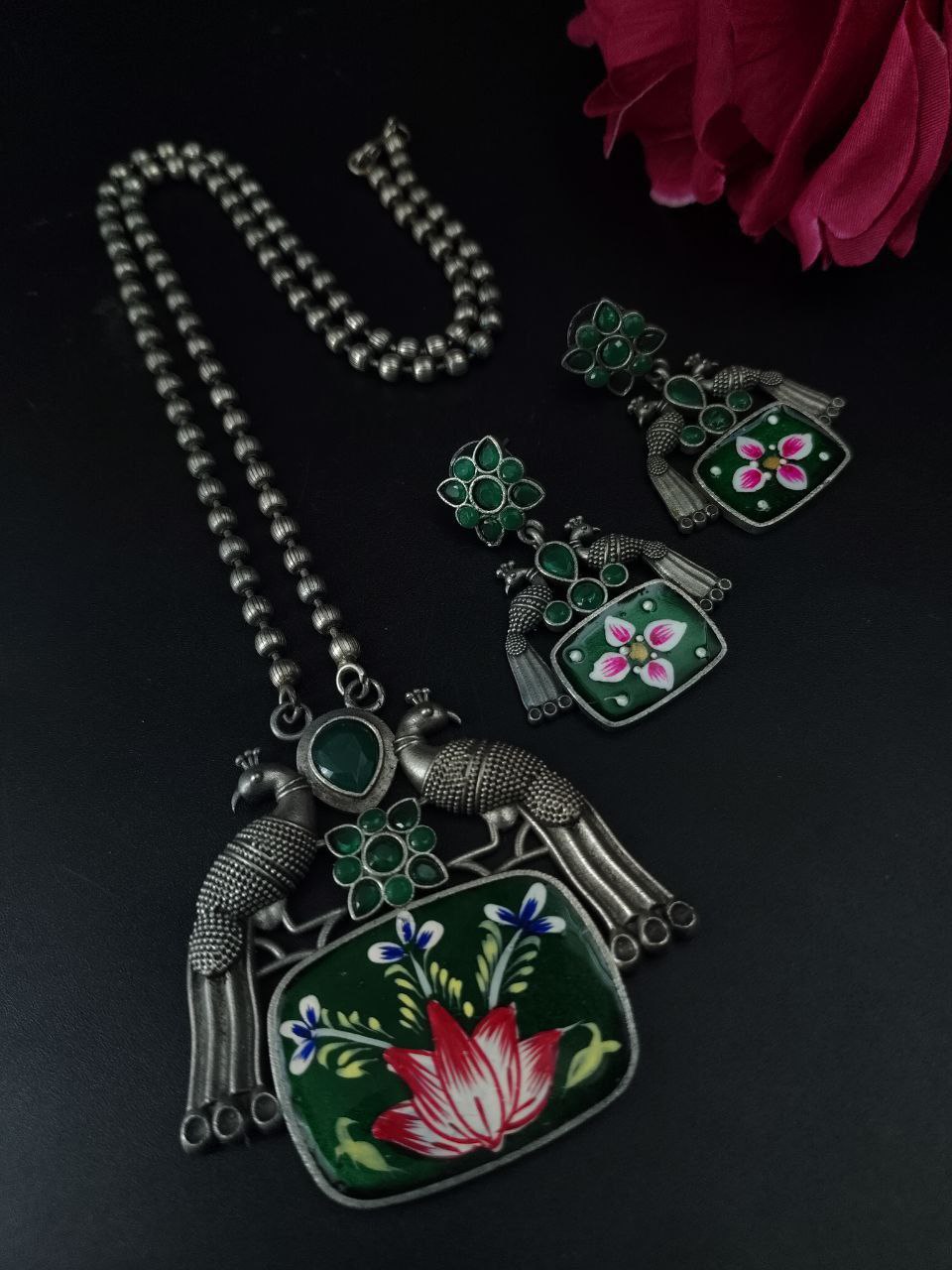 Traditional Best Hand Painted Peacock Necklace Set | Silver Plated Ethnic Jewelry with Stone Work - Image 4