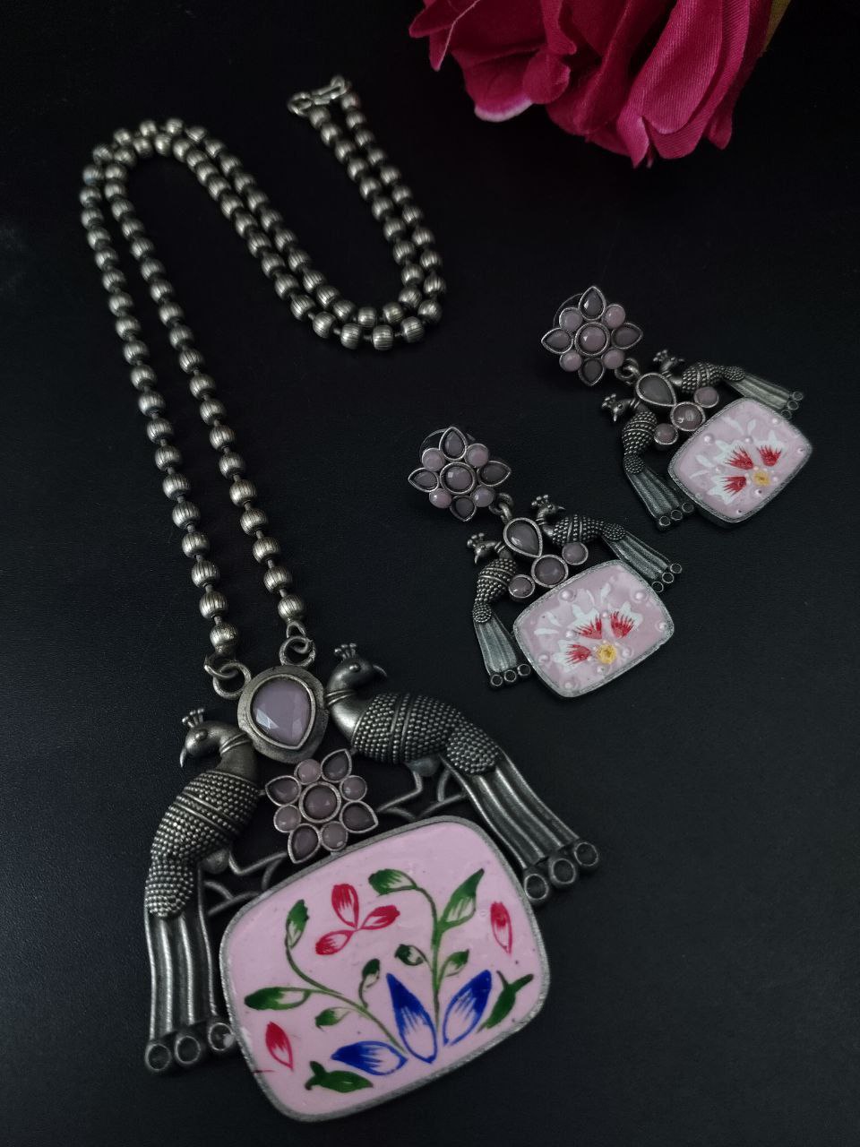 Traditional Best Hand Painted Peacock Necklace Set | Silver Plated Ethnic Jewelry with Stone Work - Image 2