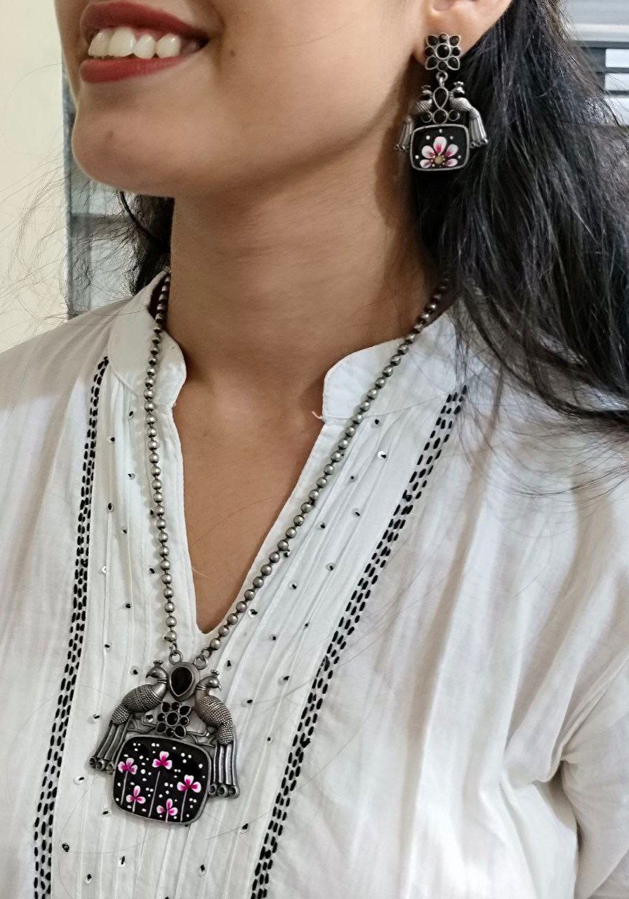 Traditional Best Hand Painted Peacock Necklace Set | Silver Plated Ethnic Jewelry with Stone Work