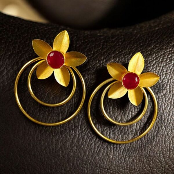 Designer Half-Circle Flower Earrings ? Beautiful Gold Plated Leaf & Stone Jewelry - "Red"