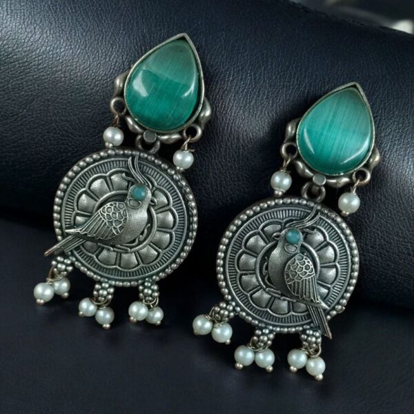 Antique Silver Parrot Dangler Earrings with Stone & Pearl ? Perfect for Ethnic Looks - "Mint"