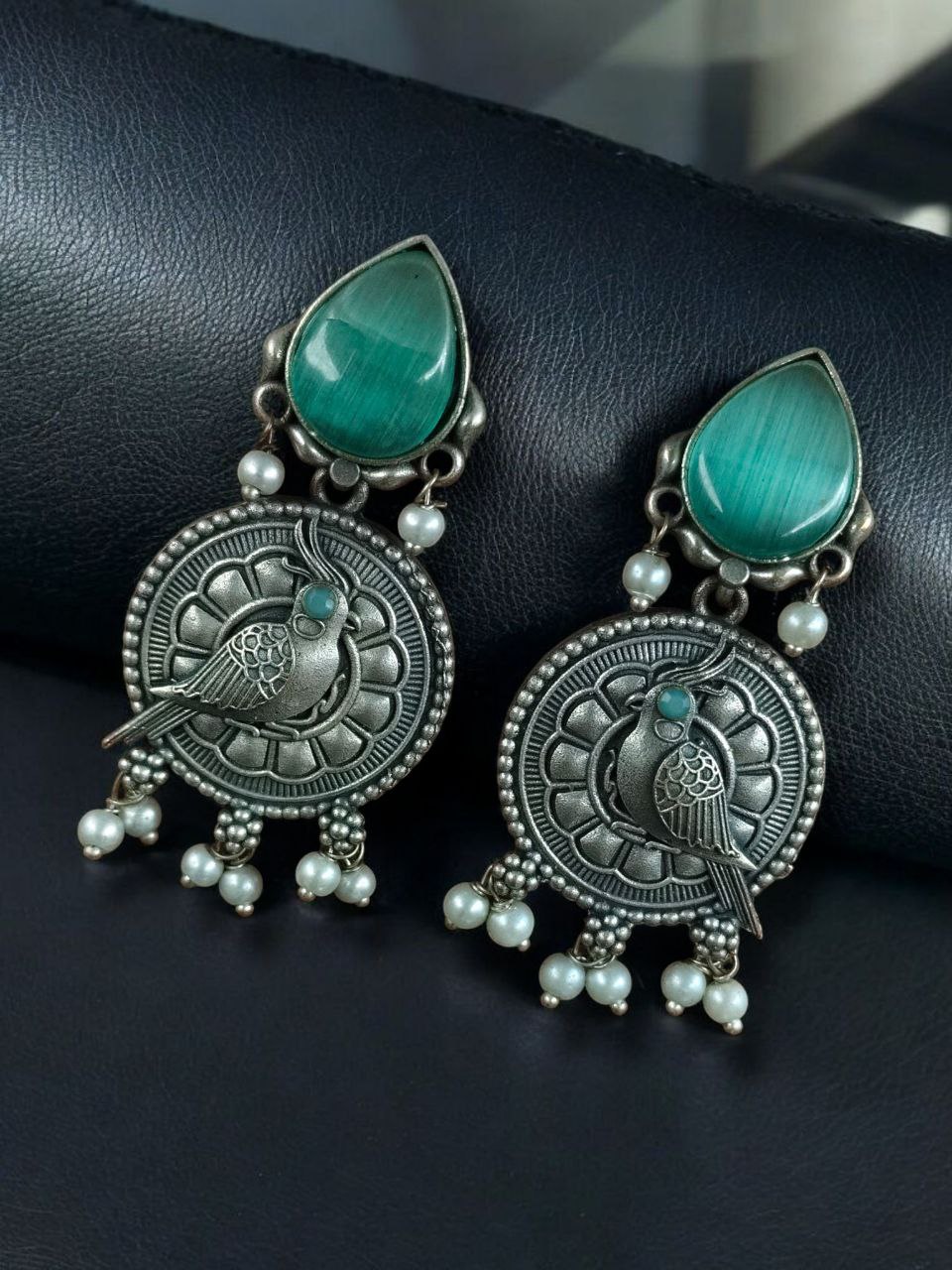 Antique Silver Parrot Dangler Earrings with Stone & Pearl ? Perfect for Ethnic Looks - Image 12