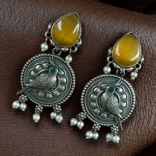 Antique Silver Parrot Dangler Earrings with Stone & Pearl ? Perfect for Ethnic Looks - "Yellow-Green"