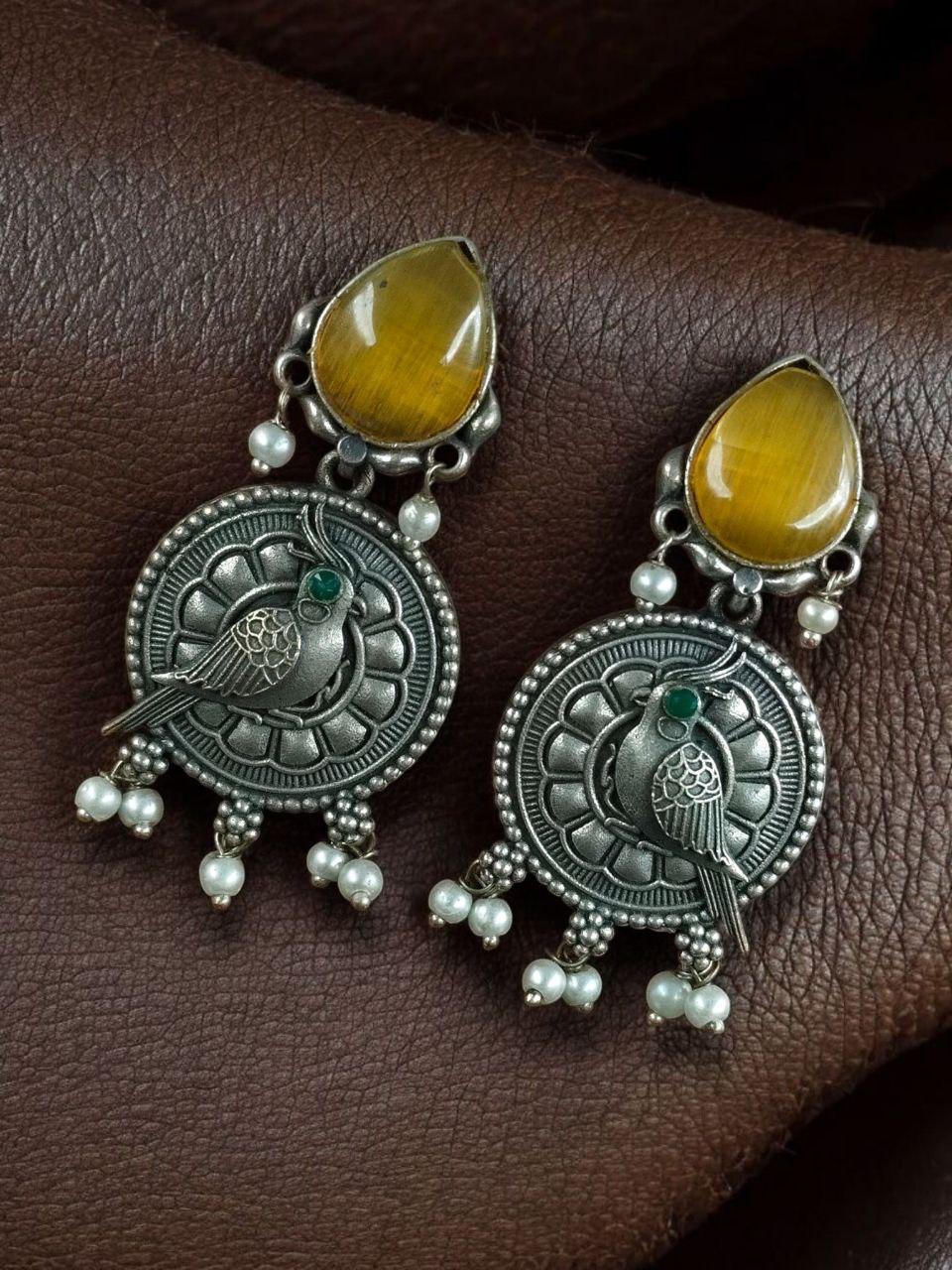 Antique Silver Parrot Dangler Earrings with Stone & Pearl ? Perfect for Ethnic Looks - Image 11