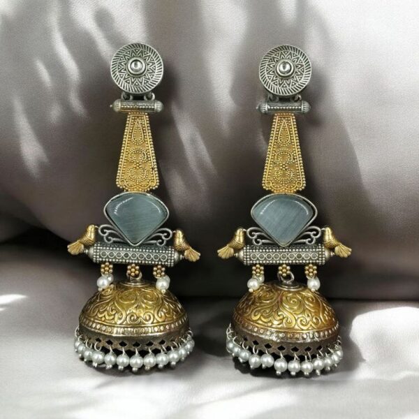 Affordable Bird Design Two-Tone Jhumka Earrings | Oxidized Monalisa Stone & Pearl Work Dangler Jewelry for Party Wear - "Grey"