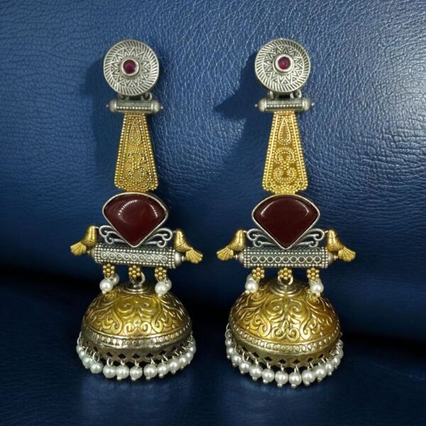 Affordable Bird Design Two-Tone Jhumka Earrings | Oxidized Monalisa Stone & Pearl Work Dangler Jewelry for Party Wear - "Red"