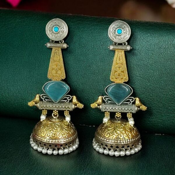 Affordable Bird Design Two-Tone Jhumka Earrings | Oxidized Monalisa Stone & Pearl Work Dangler Jewelry for Party Wear - "Aqua"