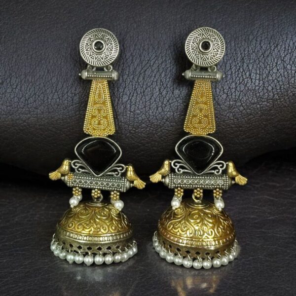 Affordable Bird Design Two-Tone Jhumka Earrings | Oxidized Monalisa Stone & Pearl Work Dangler Jewelry for Party Wear - "Black"