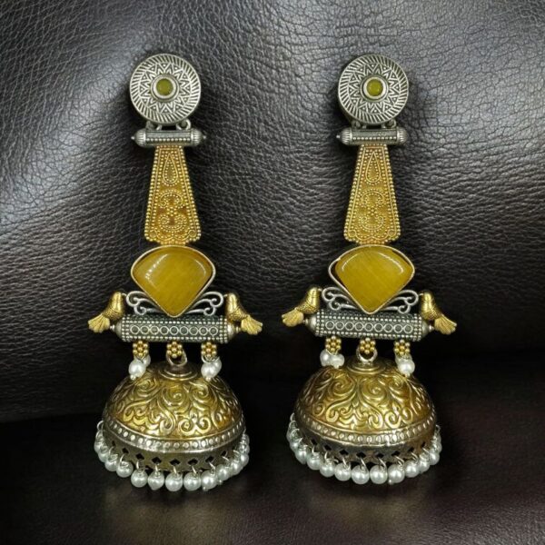 Affordable Bird Design Two-Tone Jhumka Earrings | Oxidized Monalisa Stone & Pearl Work Dangler Jewelry for Party Wear - "Yellow"