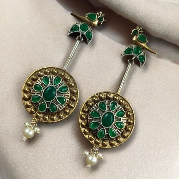 Traditional Bird Design Dangler Earrings | Two-Tone Beautiful Jewelry with Pearl & Stone Work - "Green"