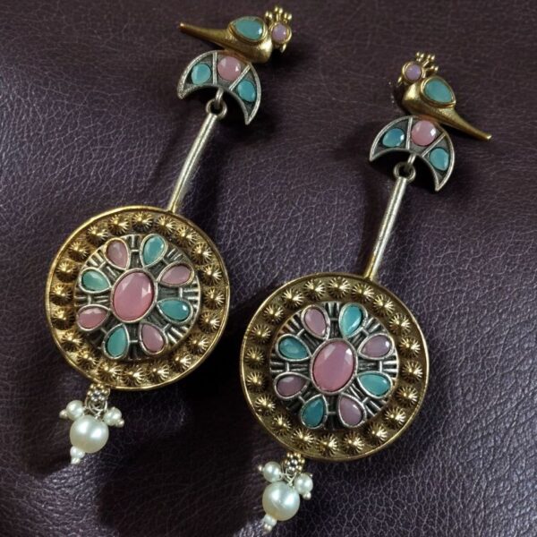 Traditional Bird Design Dangler Earrings | Two-Tone Beautiful Jewelry with Pearl & Stone Work - "Baby Pink-Mint"
