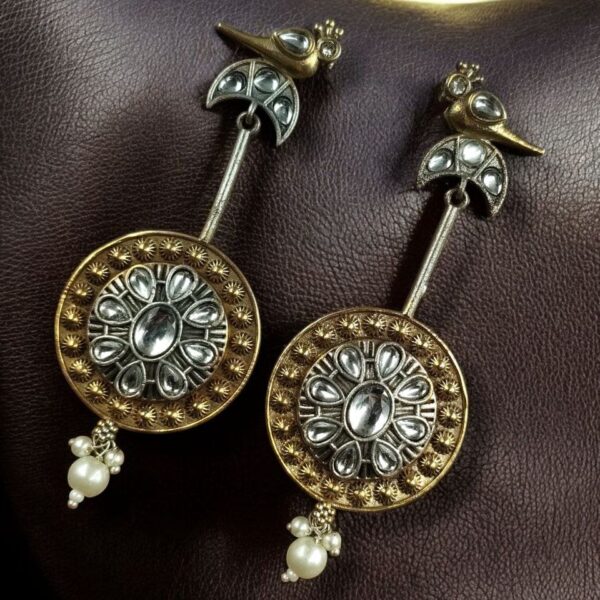 Traditional Bird Design Dangler Earrings | Two-Tone Beautiful Jewelry with Pearl & Stone Work - "White"