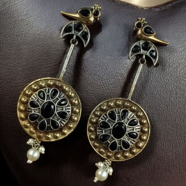 Traditional Bird Design Dangler Earrings | Two-Tone Beautiful Jewelry with Pearl & Stone Work - "Black"