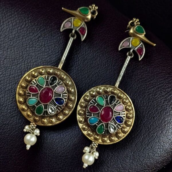 Traditional Bird Design Dangler Earrings | Two-Tone Beautiful Jewelry with Pearl & Stone Work - "Multi