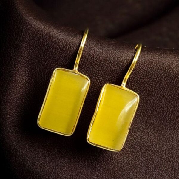 Handmade Gold Plated Geometric Hook Earrings with Monalisa Stone for Best Casual Outfits - "Yellow"