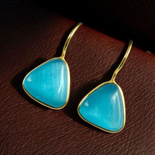 Lightweight Gold Plated Triangle Hook Earrings with Monalisa Stone Amazing Jewelry for Girls - "Aqua"