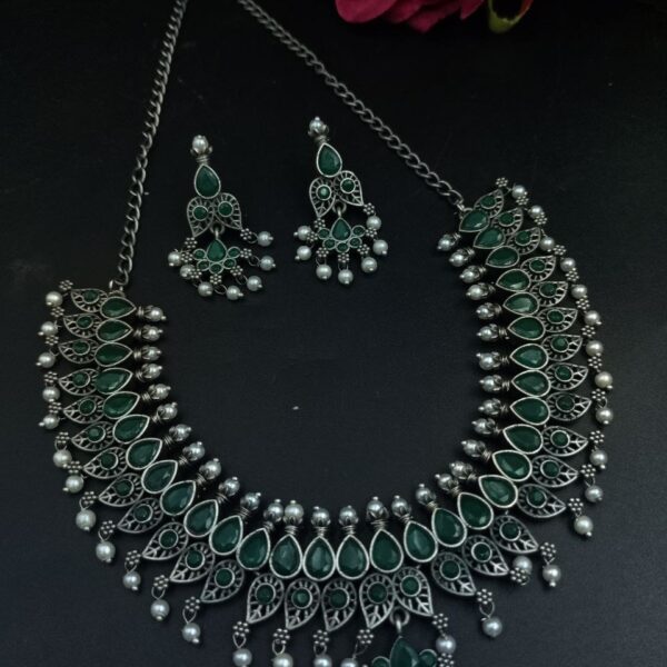 Unique Leaf Design Necklace Set ? Silver Plated with Stone & Pearl Work for Festive Wear - "Green"