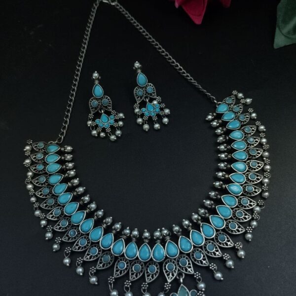 Unique Leaf Design Necklace Set ? Silver Plated with Stone & Pearl Work for Festive Wear - "Aqua"