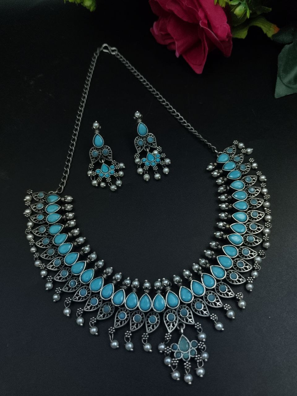 Unique Leaf Design Necklace Set ? Silver Plated with Stone & Pearl Work for Festive Wear - Image 3