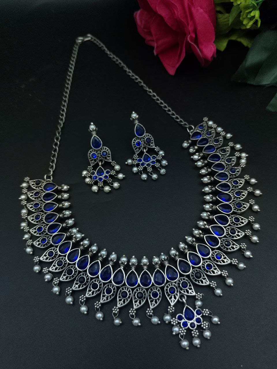 Unique Leaf Design Necklace Set ? Silver Plated with Stone & Pearl Work for Festive Wear - Image 5