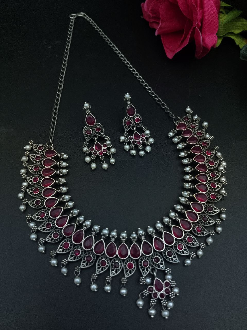 Unique Leaf Design Necklace Set ? Silver Plated with Stone & Pearl Work for Festive Wear - Image 6