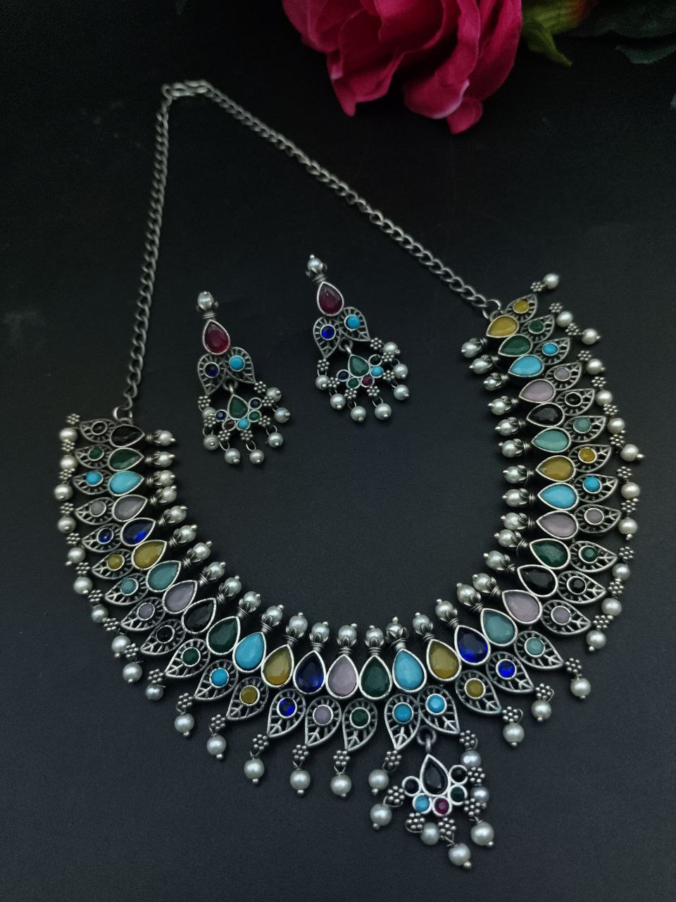Unique Leaf Design Necklace Set ? Silver Plated with Stone & Pearl Work for Festive Wear - Image 7