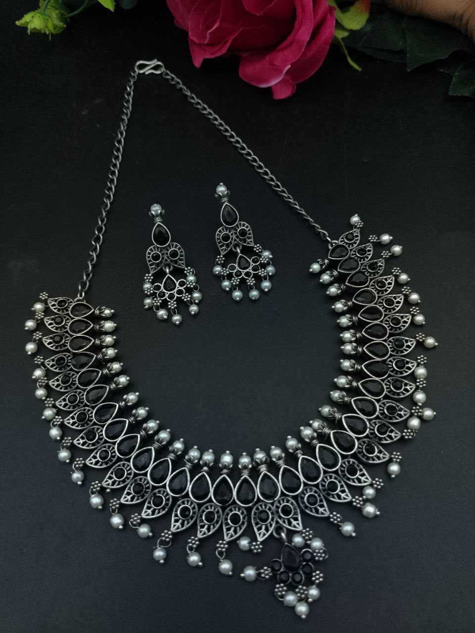 Unique Leaf Design Necklace Set ? Silver Plated with Stone & Pearl Work for Festive Wear - Image 8