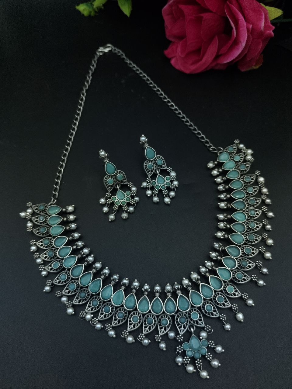 Unique Leaf Design Necklace Set ? Silver Plated with Stone & Pearl Work for Festive Wear - Image 9