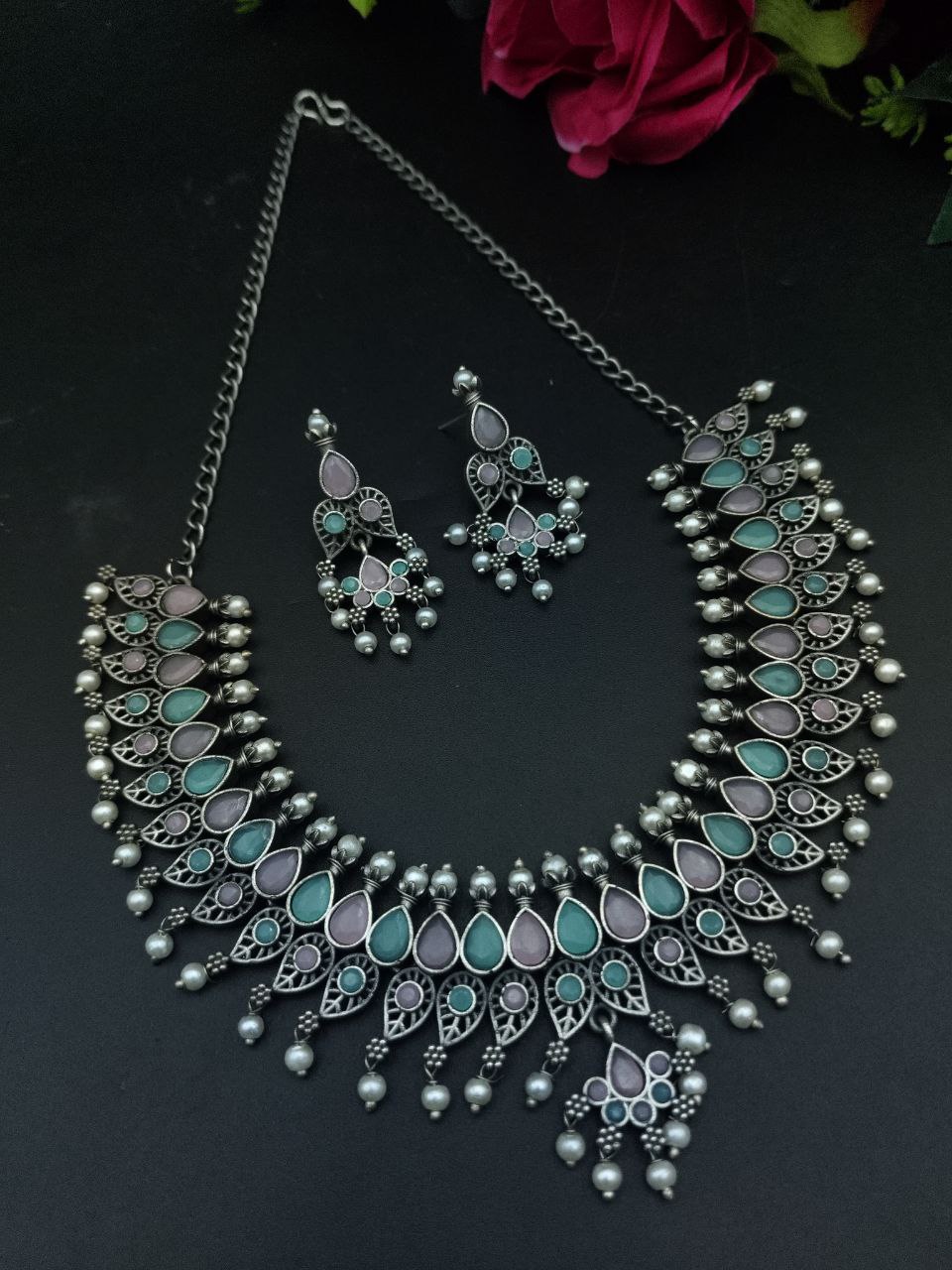 Unique Leaf Design Necklace Set ? Silver Plated with Stone & Pearl Work for Festive Wear - Image 10