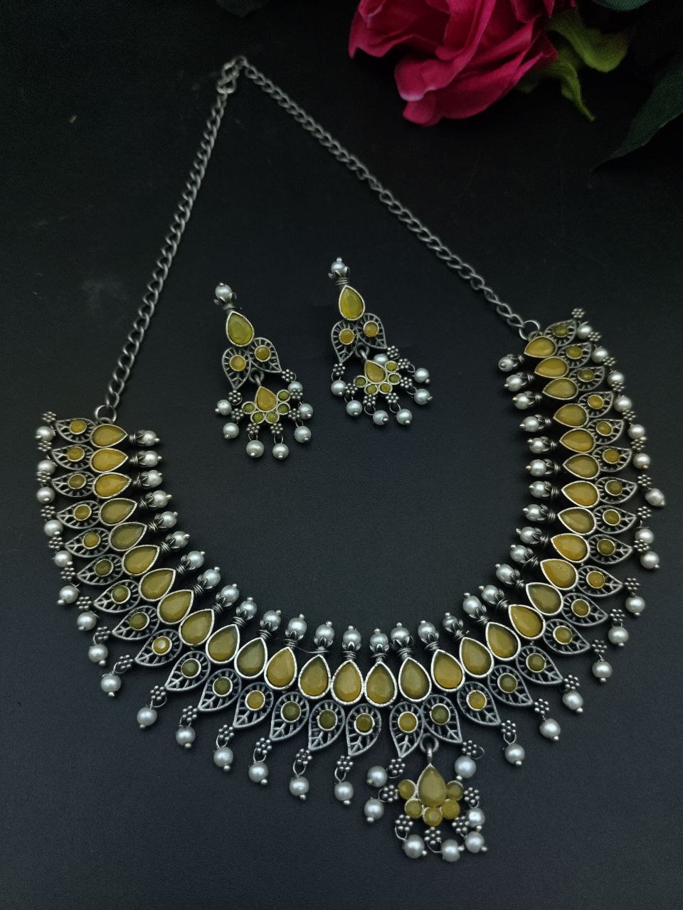 Unique Leaf Design Necklace Set ? Silver Plated with Stone & Pearl Work for Festive Wear - Image 11
