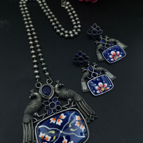 Traditional Best Hand Painted Peacock Necklace Set | Silver Plated Ethnic Jewelry with Stone Work - "Blue"