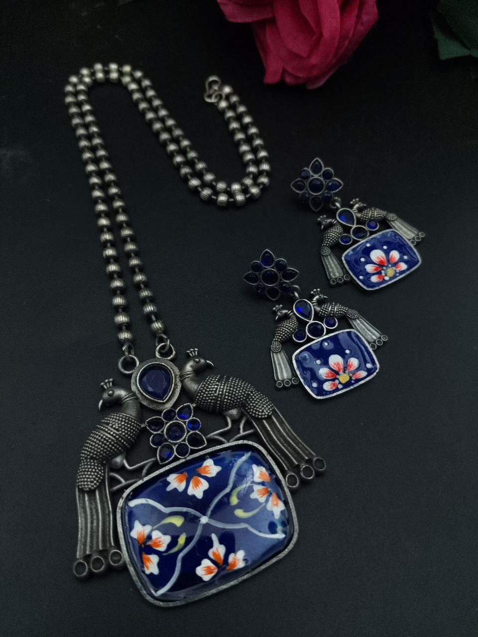 Traditional Best Hand Painted Peacock Necklace Set | Silver Plated Ethnic Jewelry with Stone Work - Image 8
